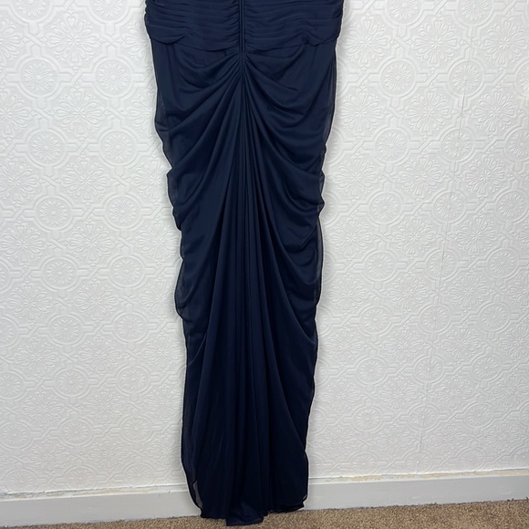 Adrianna Papell Lace Yoke Gown Drapped Dress Lacey Navy Blue Rouched Maxi - Picture 9 of 10